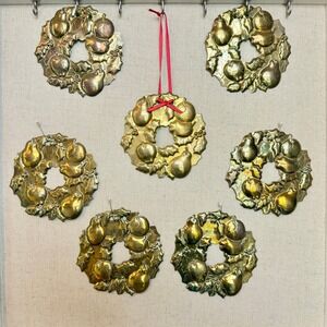 Vintage Department 56 Brass Wreath Ornaments Set of 7 Fruit Holly Christmas Gold
